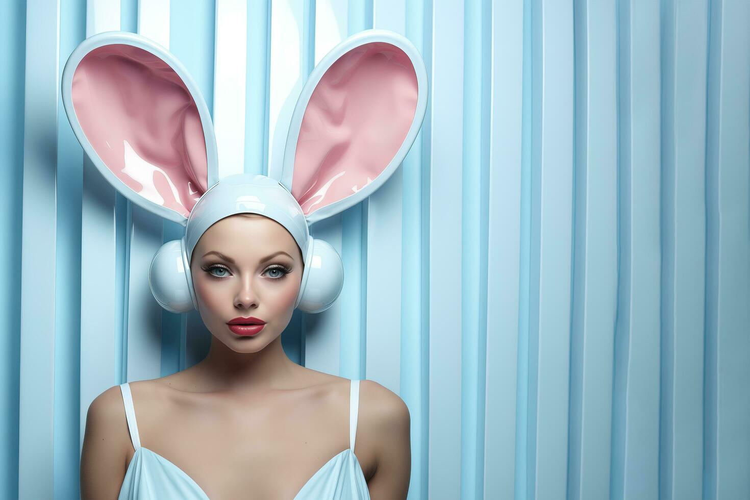 ai generiert Frau tragen Hase Ohren auf Blau Hintergrund. foto