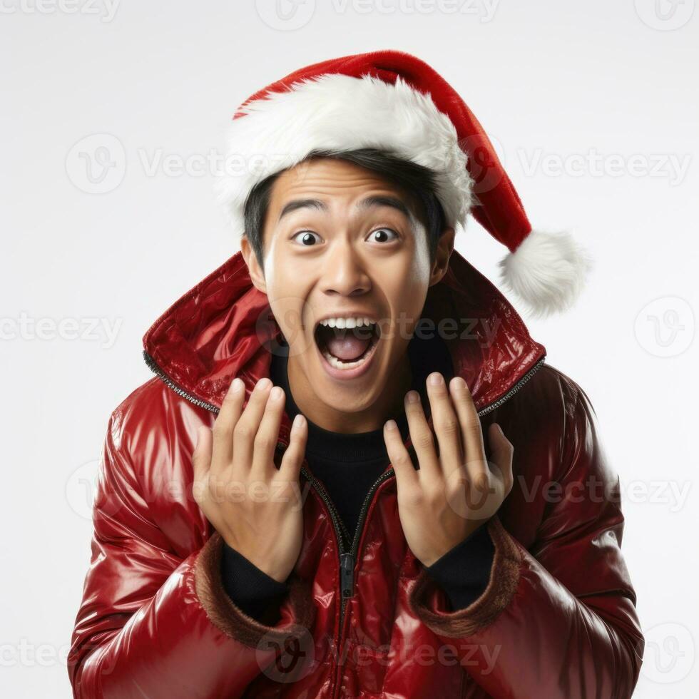 ai generiert Weihnachtsfeier und Ferien Konzept schockiert Mann im Santa Hut foto