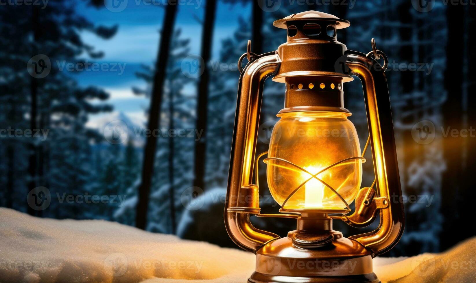 ai generiert Jahrgang Kerosin Lampe auf Schnee im Winter Wald. Reise Konzept. foto