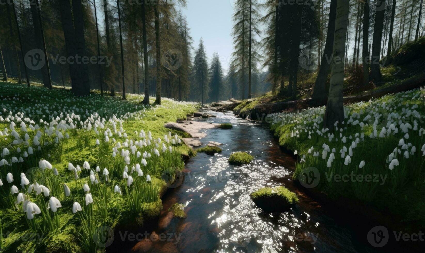 ai generiert Wald bedeckt mit Schneeglöckchen. früh Frühling Landschaft foto