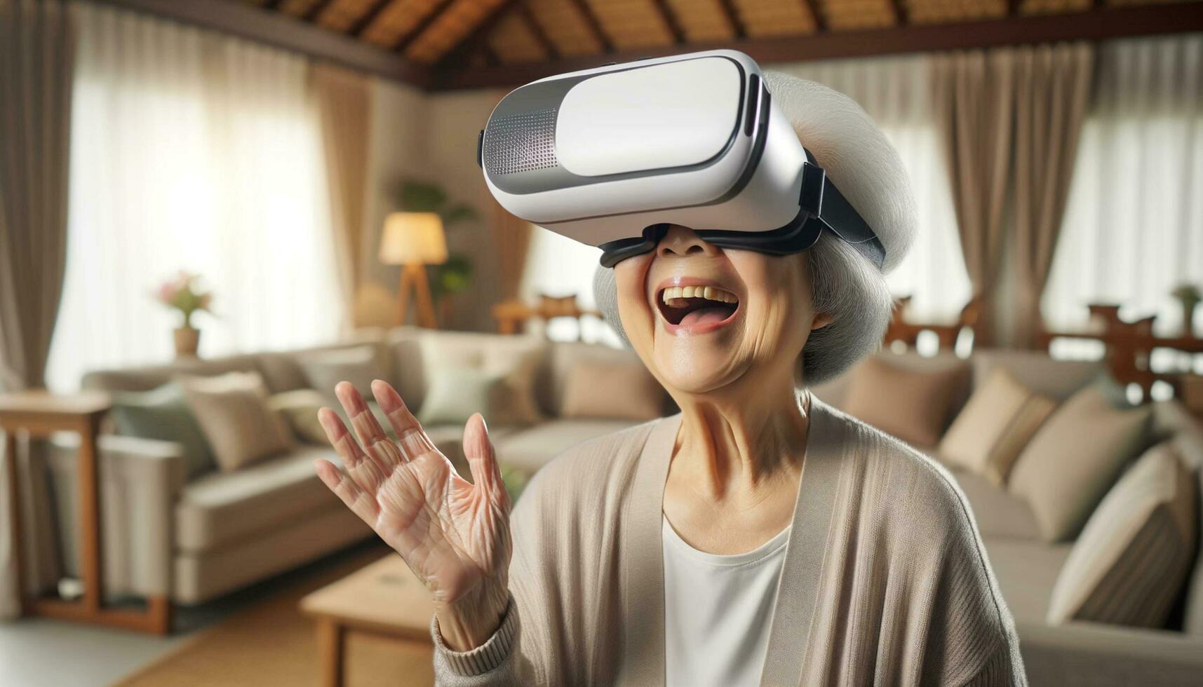 ai generiert online Bildung asiatisch Senior Frau tragen vr Headset mit Leben Zimmer Hintergrund ai generativ foto