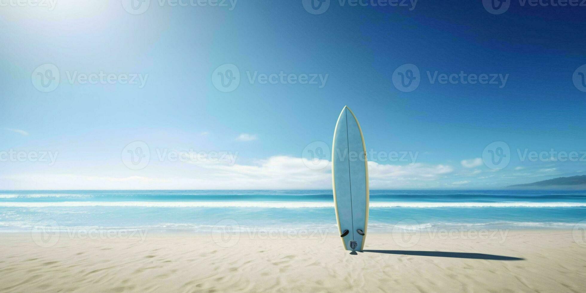 ai generiert Surfbrett auf das Strand mit Blau Himmel Sicht. generativ ai foto