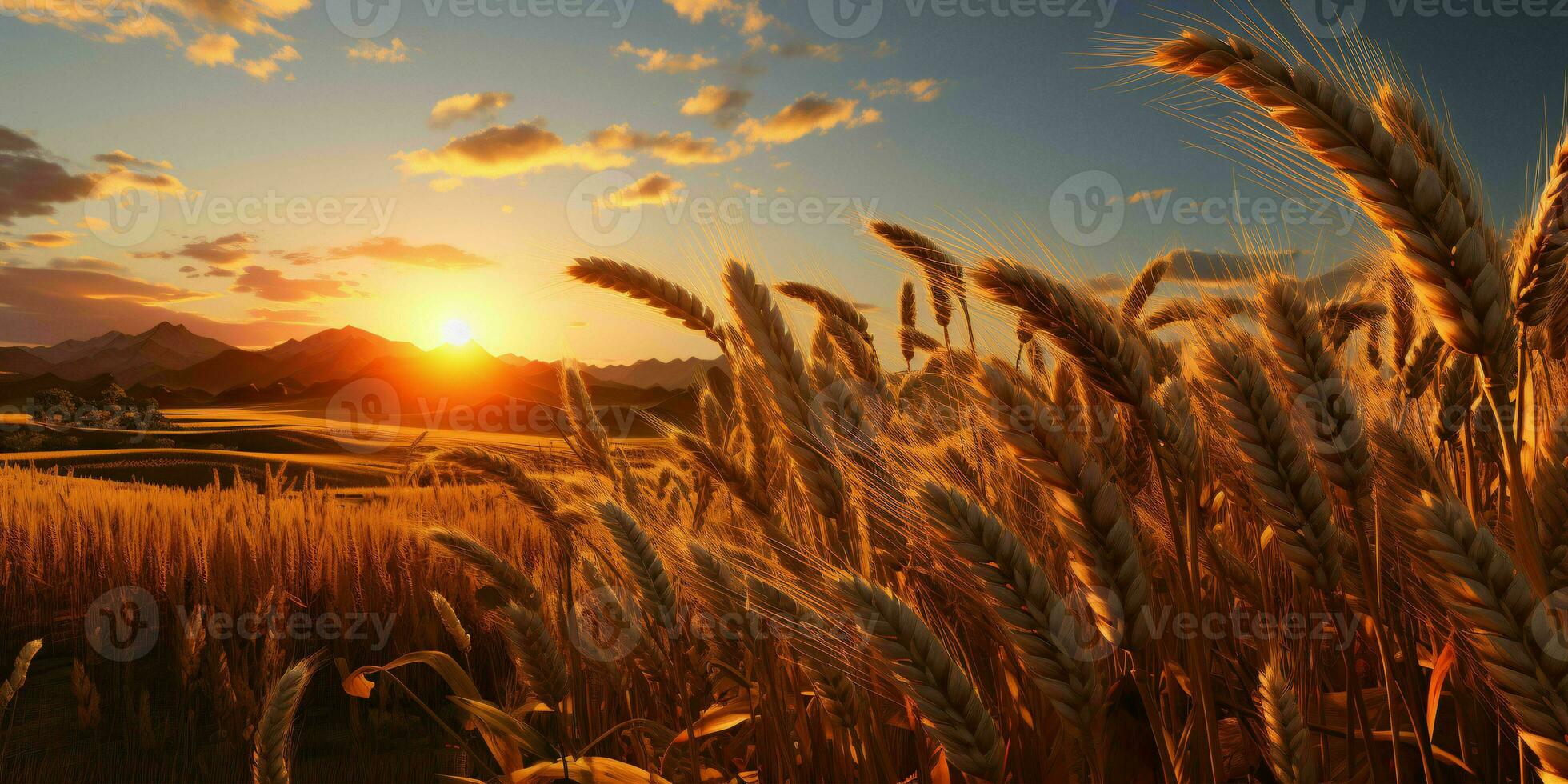 ai generiert Weizen Felder mit ein schön Sonnenuntergang Sicht. generativ ai foto