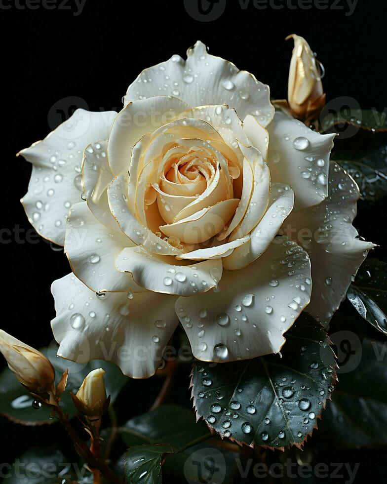 ai generiert Blühen Weiß Rose mit Wasser Tröpfchen auf es isoliert auf schwarz Hintergrund. Rose schließen hoch. generativ ai foto