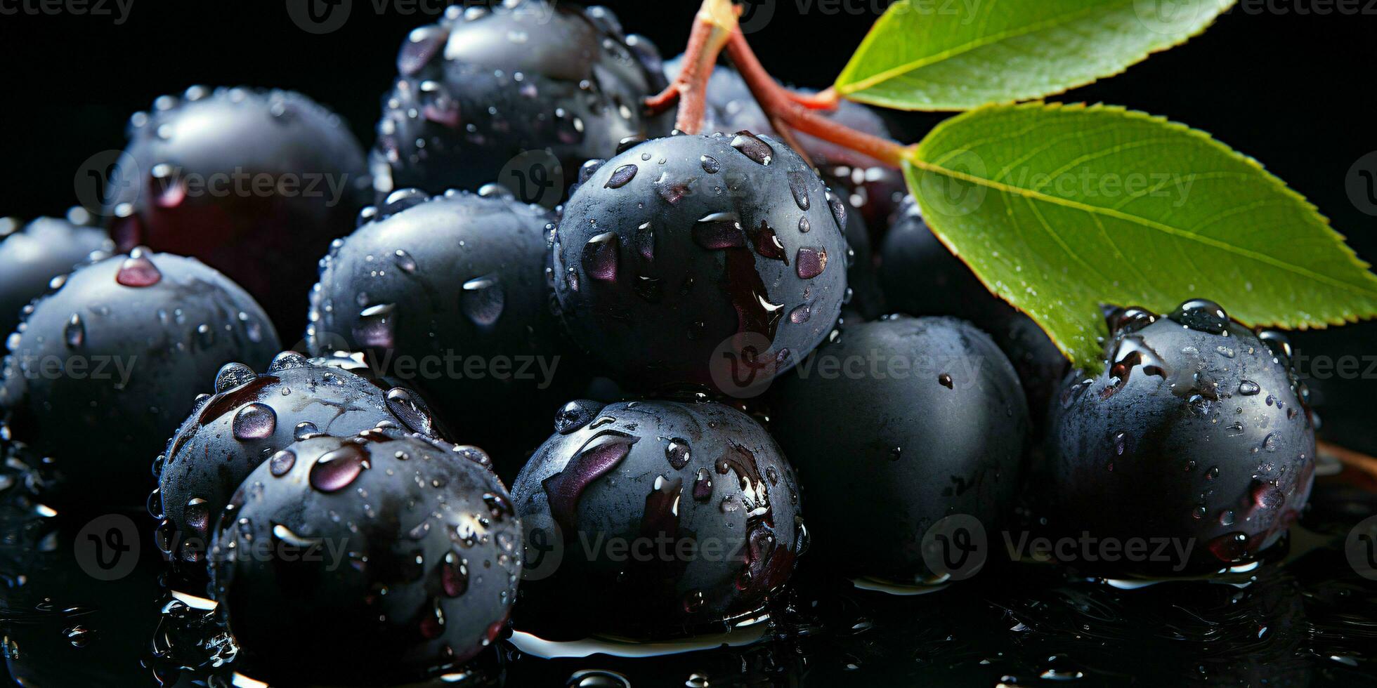 ai generiert frisch acai Beere mit Wasser Tröpfchen isoliert auf ein schwarz Hintergrund. euterpe oleracea. generativ ai foto