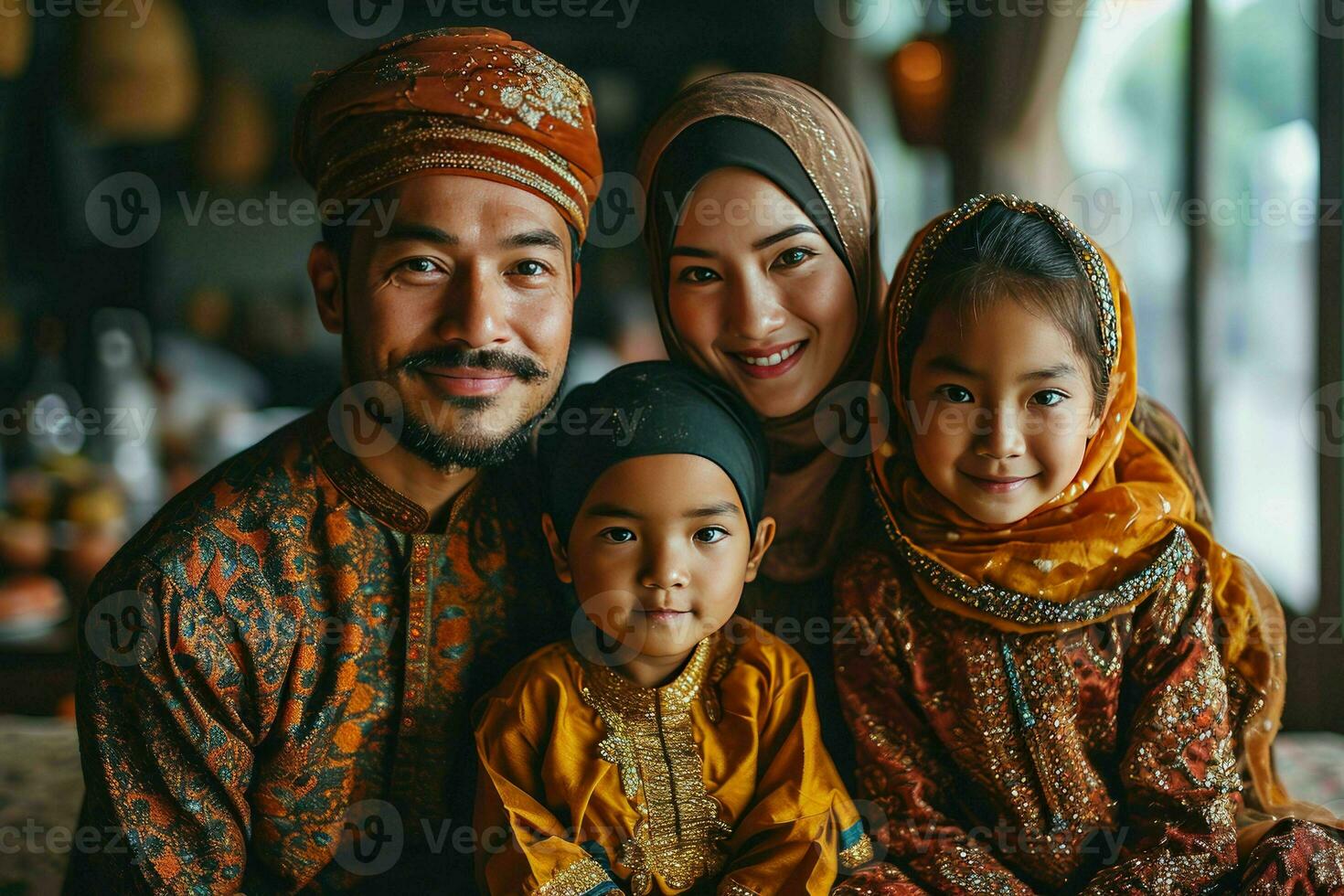 ai generiert Porträt von ein glücklich asiatisch Muslim Familie im traditionell Kleidung. generativ ai foto