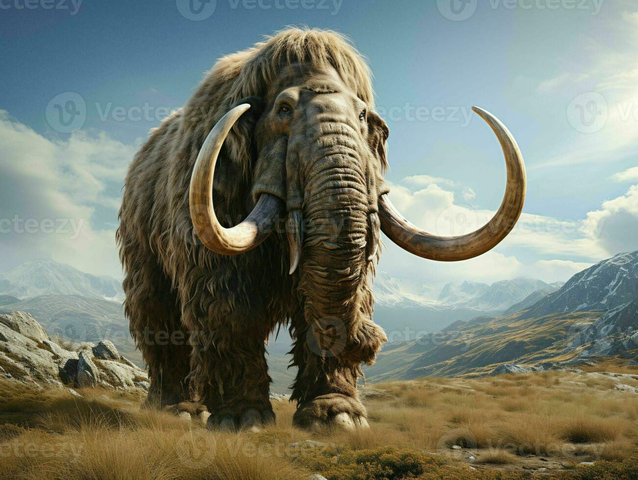 ai generiert ein wollig Mammut mit riesig Weiden und Berge Hintergrund. generativ ai foto