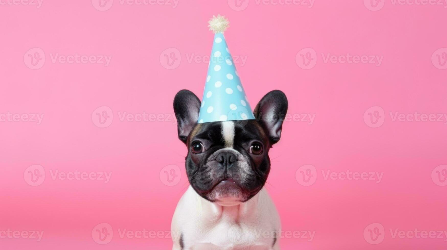 ai generiert glücklich Französisch Bulldogge tragen Geburtstag Hut mit Rosa Hintergrund foto