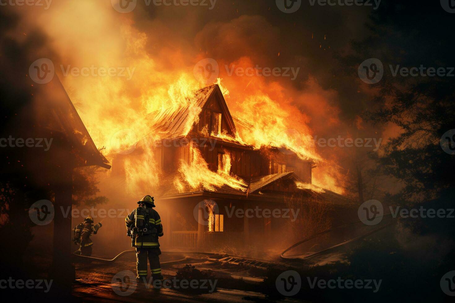 ai generiert ein Haus verbrannt im ein lodernd Feuer Feuerwehrmänner versucht es zu halt es foto