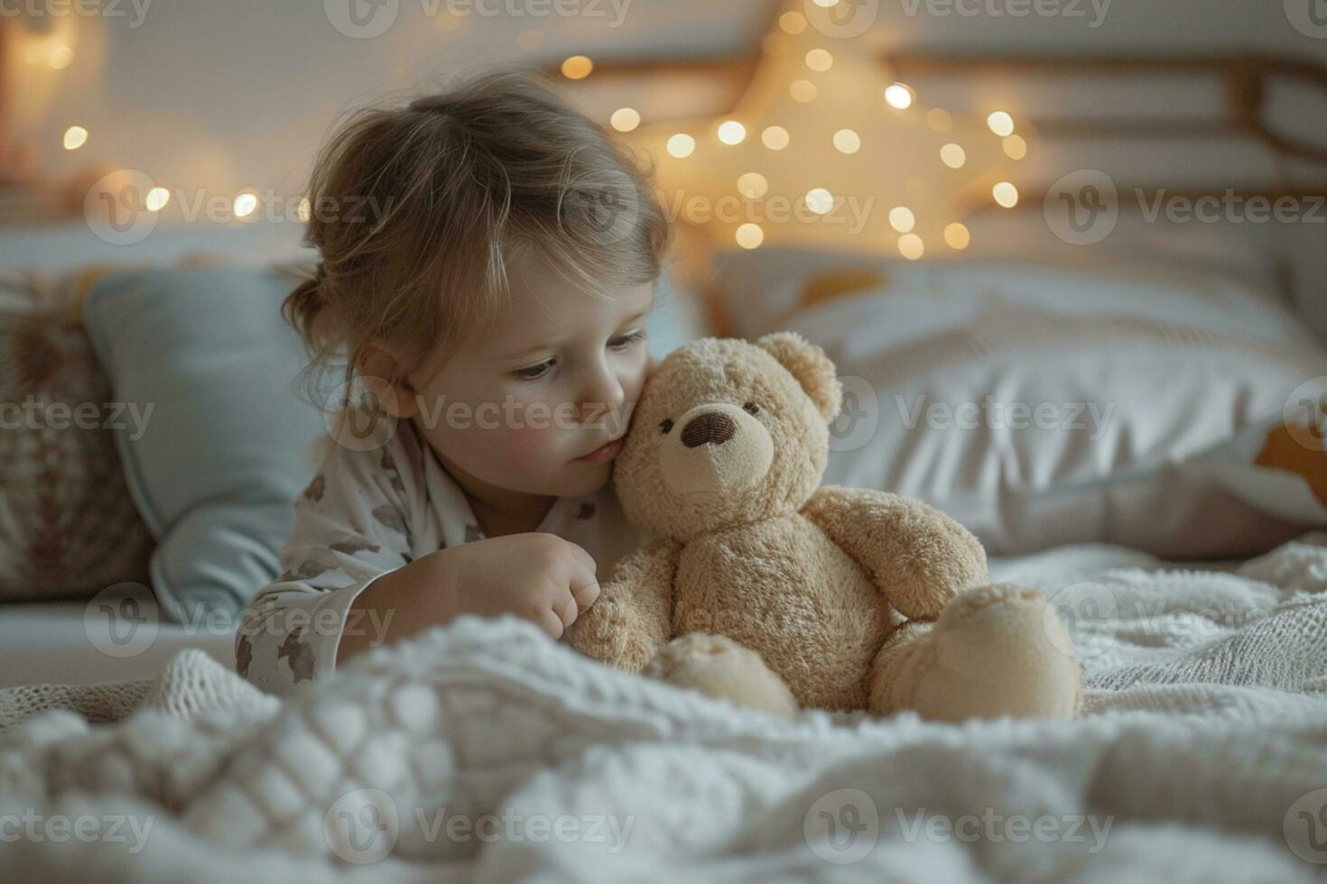 ai generiert jung Mädchen halten ein Teddy Bär beim ihr Schlafzimmer foto