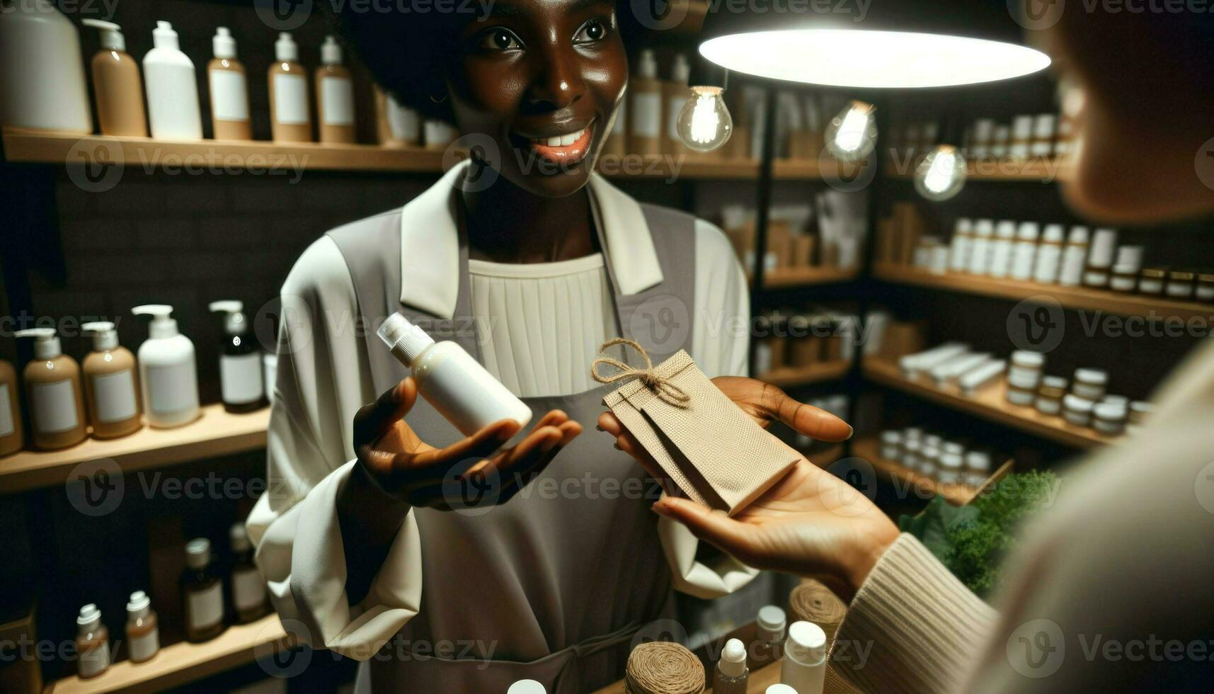 ai generiert Nahansicht Foto von ein Geschäft Inhaber von afrikanisch Abstieg, weiblich, im ihr Boutique, präsentieren Produkte Das Kommen Sie im biologisch abbaubar Verpackungen.