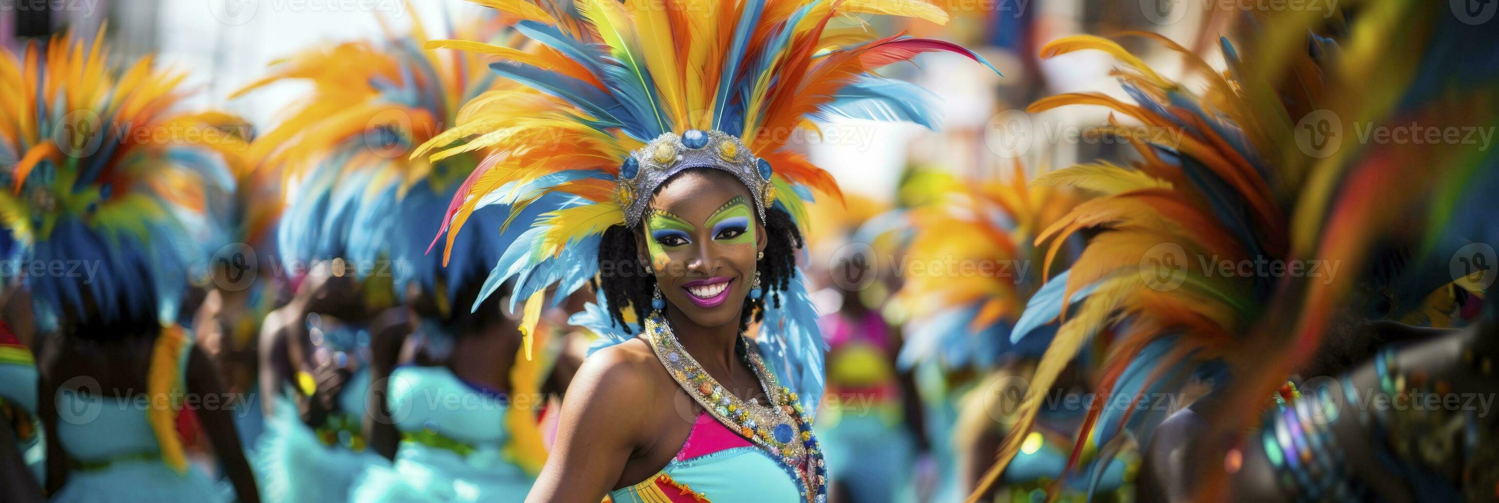 ai generiert bunt Karneval Mädchen im Feder Kostüm. generativ ai foto