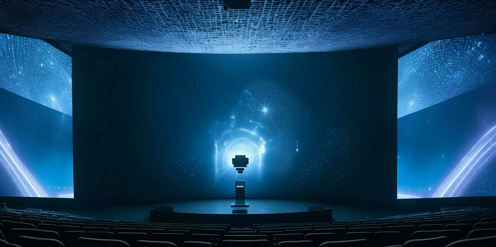 ai generiert Nein Menschen oder leeren Kino Halle mit groß leer Bildschirm und Auditorium hd.halle Attrappe, Lehrmodell, Simulation. foto