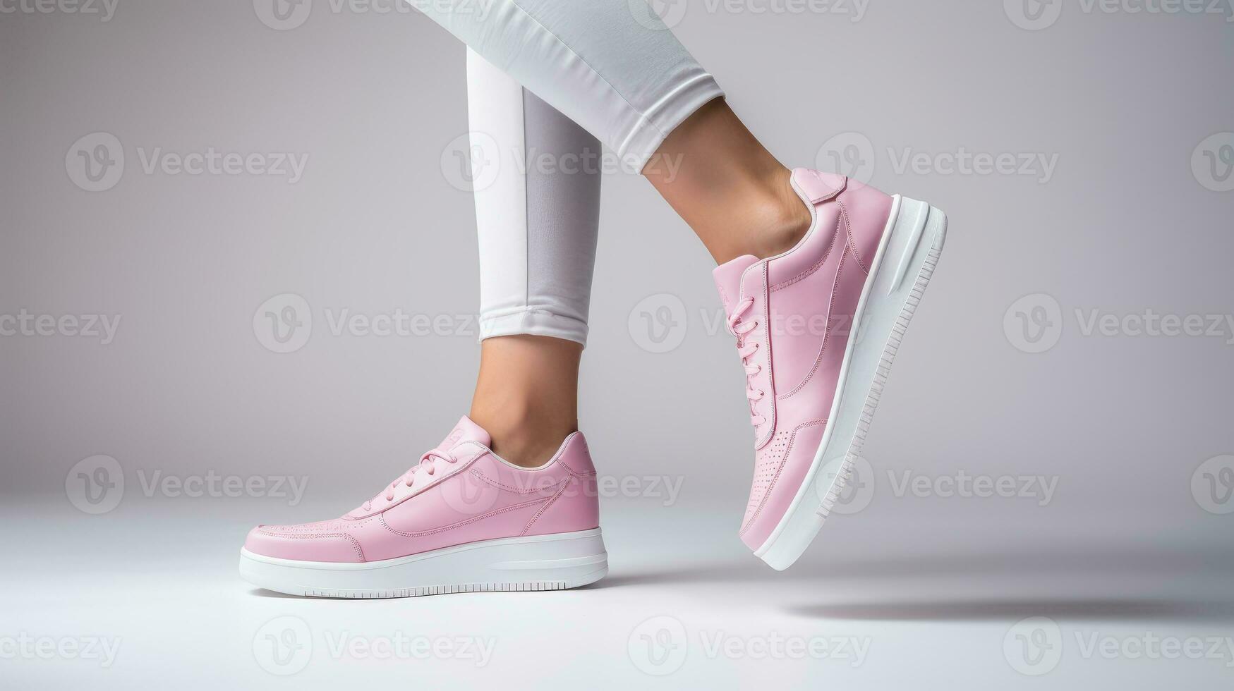 ai generiert abgeschnitten Bild von unkenntlich Frau im Rosa Turnschuhe , wählen komfortabel Schuhe, isoliert auf grau Hintergrund. Eleganz und Sport foto