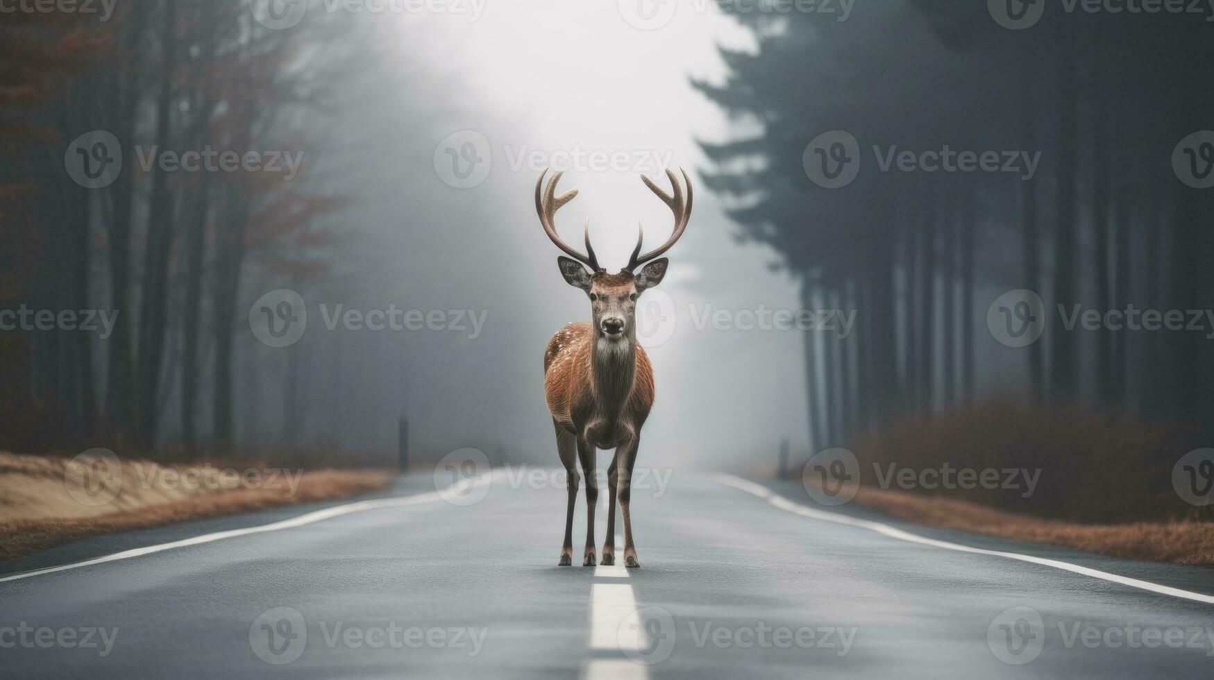 ai generiert Tierwelt Vorsicht. Hirsch Kreuzung auf neblig Wald Straße, Transport Gefahr Alarm, Straße Sicherheit Bewusstsein im nebelig Morgen Rahmen foto