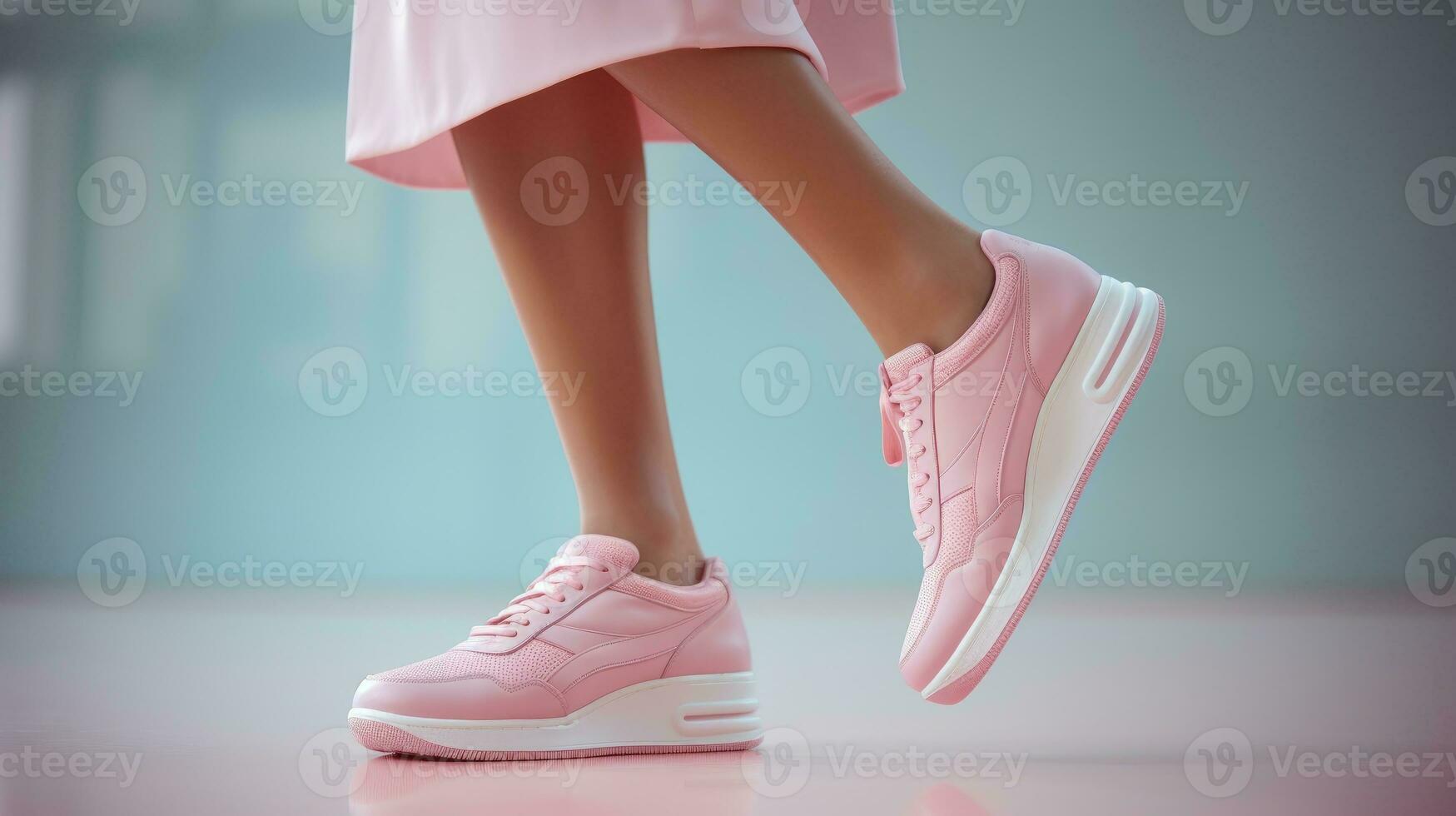 ai generiert Stil im Komfort. unerkannt Frau Sneaker Auswahl. Sneaker Entscheidung. elegant Sportbekleidung im grau Hintergrund. unbekannt Eleganz. Frau sportlich Rosa Sneaker Wahl foto