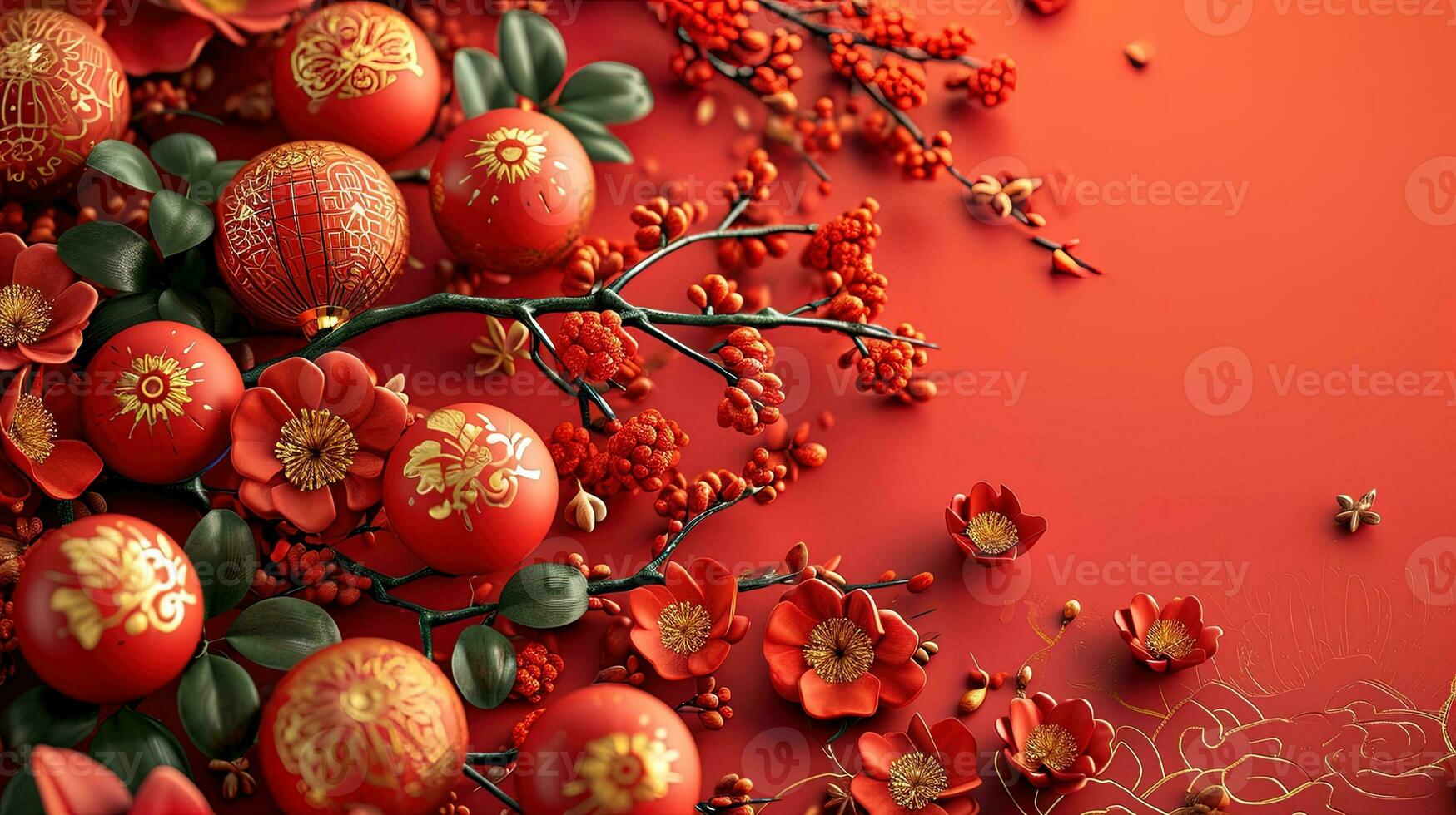 ai generiert dekoriert mit rot Chinesisch Papier Laternen Blumen und Beeren, ai generativ foto