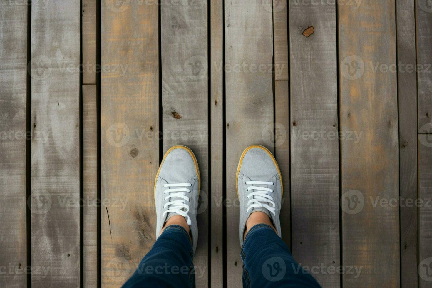 ai generiert oben Aussicht Selfie, Füße und Schuhe auf ein hölzern Fußboden foto