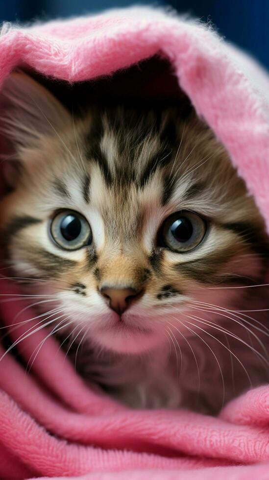 ai generiert Blau Augen Tabby Kätzchen eingewickelt im ein Rosa Handtuch nach Bad Vertikale Handy, Mobiltelefon Hintergrund foto