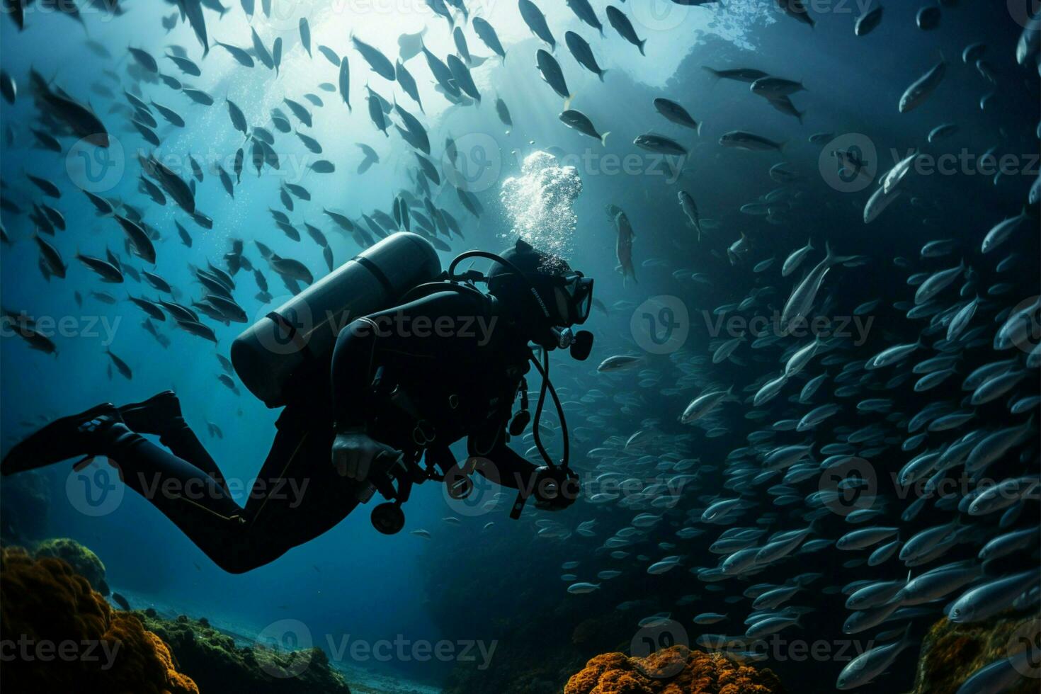 ai generiert unter Wasser Abenteuer, Tauchen Taucher eingetaucht, Fische im faszinierend Formation foto