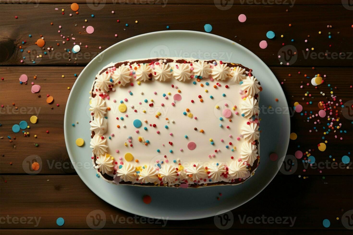 ai generiert feierlich oben Aussicht Geburtstag Kuchen mit Konfetti auf hölzern Hintergrund foto