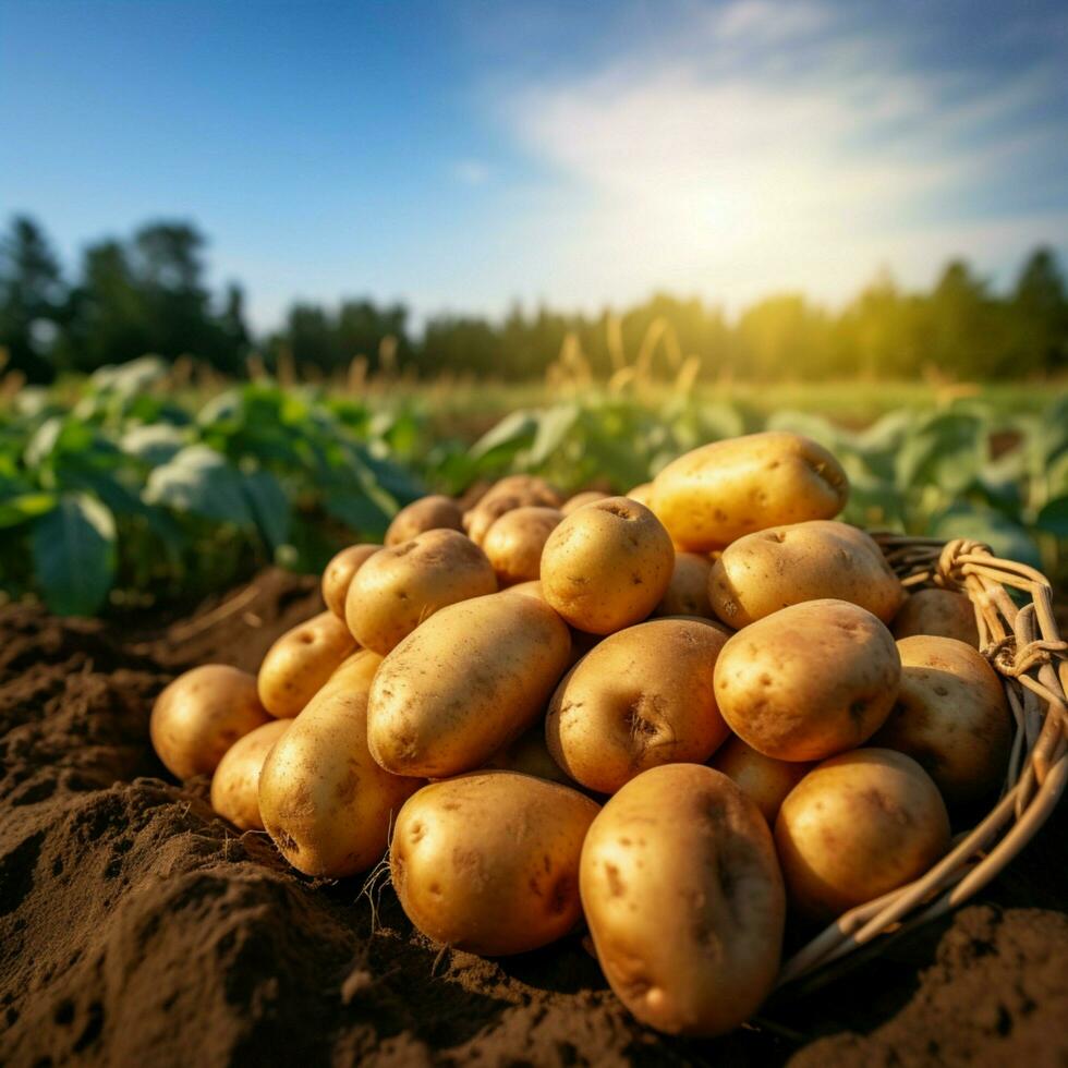 ai generiert gesund organisch produzieren frisch geerntet Kartoffeln im ein Bauern Feld zum Sozial Medien Post Größe foto
