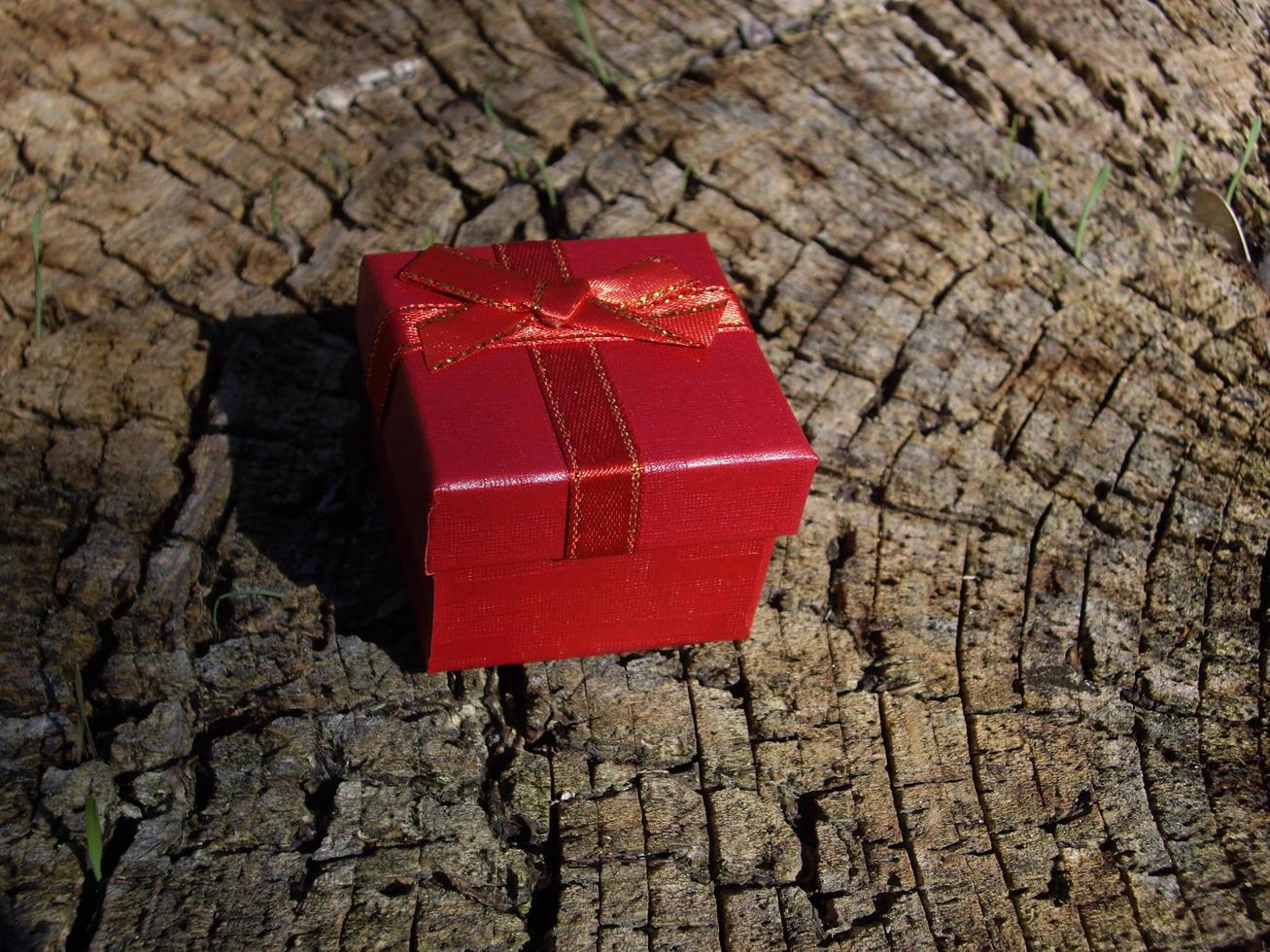 rote Geschenkbox liegt auf einem Baumstumpf foto