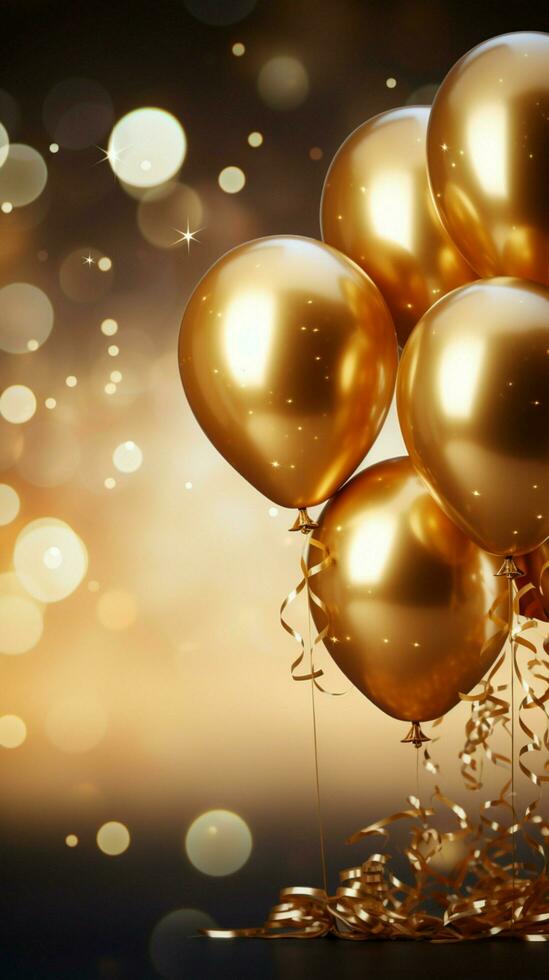 ai generiert Bild golden Luftballons und Konfetti auf ein golden Hintergrund, 3D-Rendering Vertikale Handy, Mobiltelefon Hintergrund foto