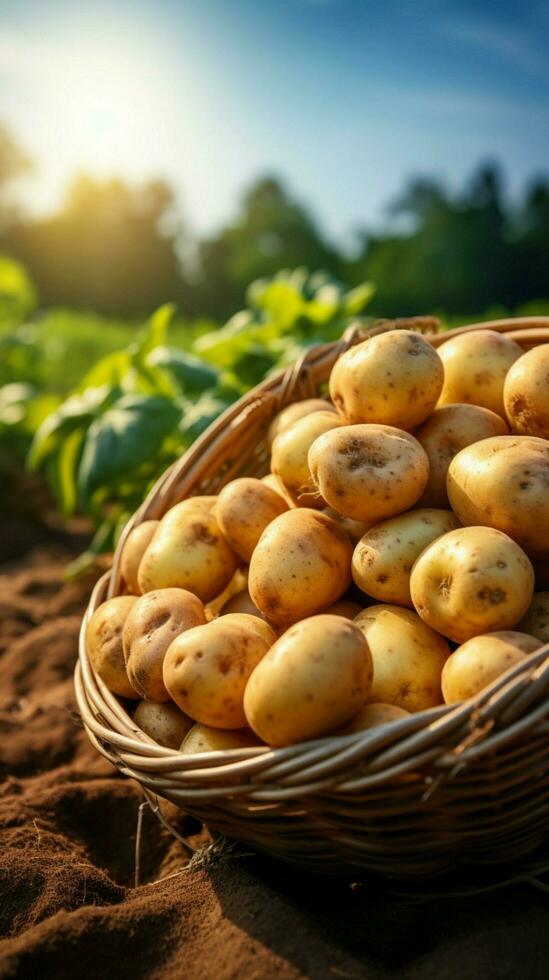 ai generiert frisch gepflückt Kartoffeln auf ein Bauern Feld, organisch produzieren Korb Vertikale Handy, Mobiltelefon Hintergrund foto