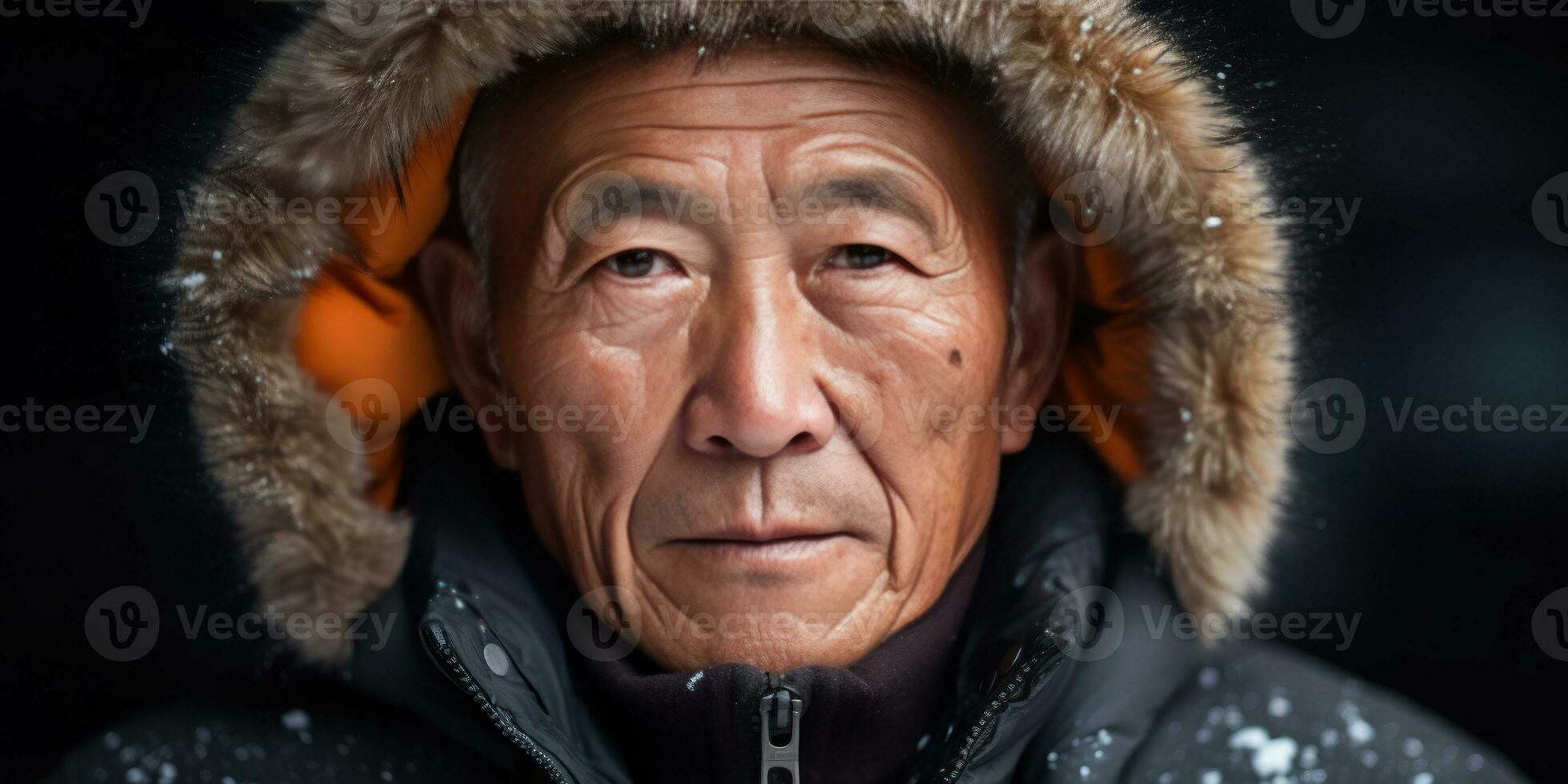 ai generiert asiatisch Senior Mann im Winter Kleidung, mit Mütze und Jacke. ai generativ. foto