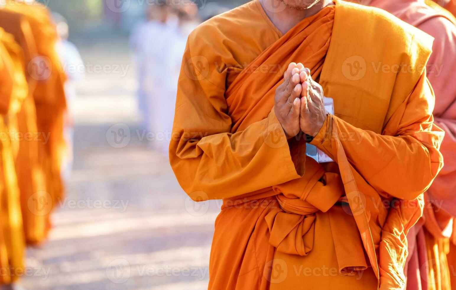 Buddhist Mönch ist Stehen mit seine Hände gefaltet im das gestalten von ein Lotus zu ausführen etwas religiös Ritual, Uniform Buddhist Mönch, Buddhist Mönch beten foto