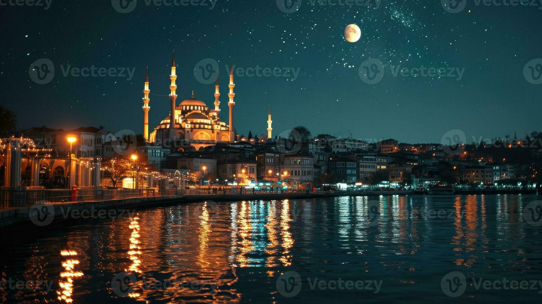 ai generiert schön Moschee unter das Mond beim Nacht von Ramadhan foto