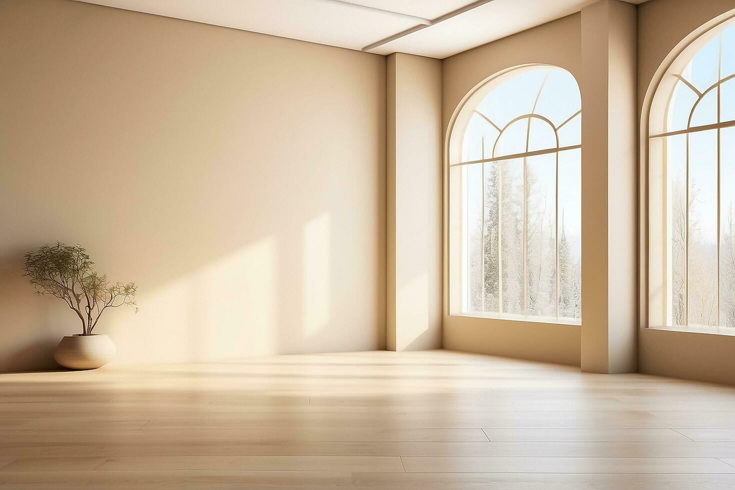 ai generiert elegant Zimmer mit Beige Gips Mauer und Licht Holz Bodenbelag mit Fenster Sonnenlicht und Schatten foto
