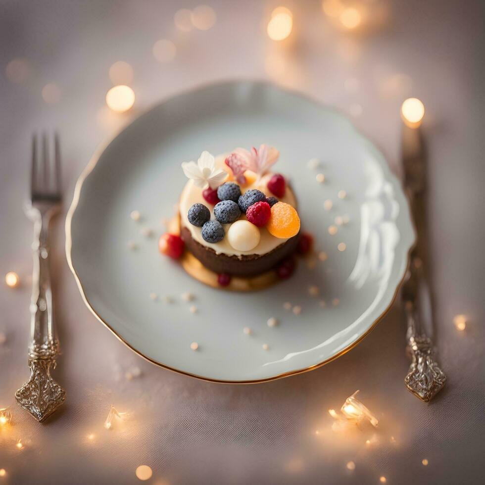 ai generiert ein Dessert auf ein Teller mit Beeren und ein Gabel foto