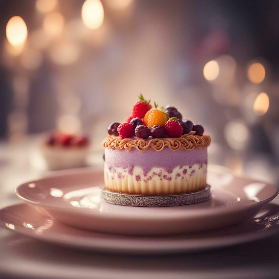 ai generiert ein Dessert auf ein Teller mit ein Kerze im das Hintergrund foto