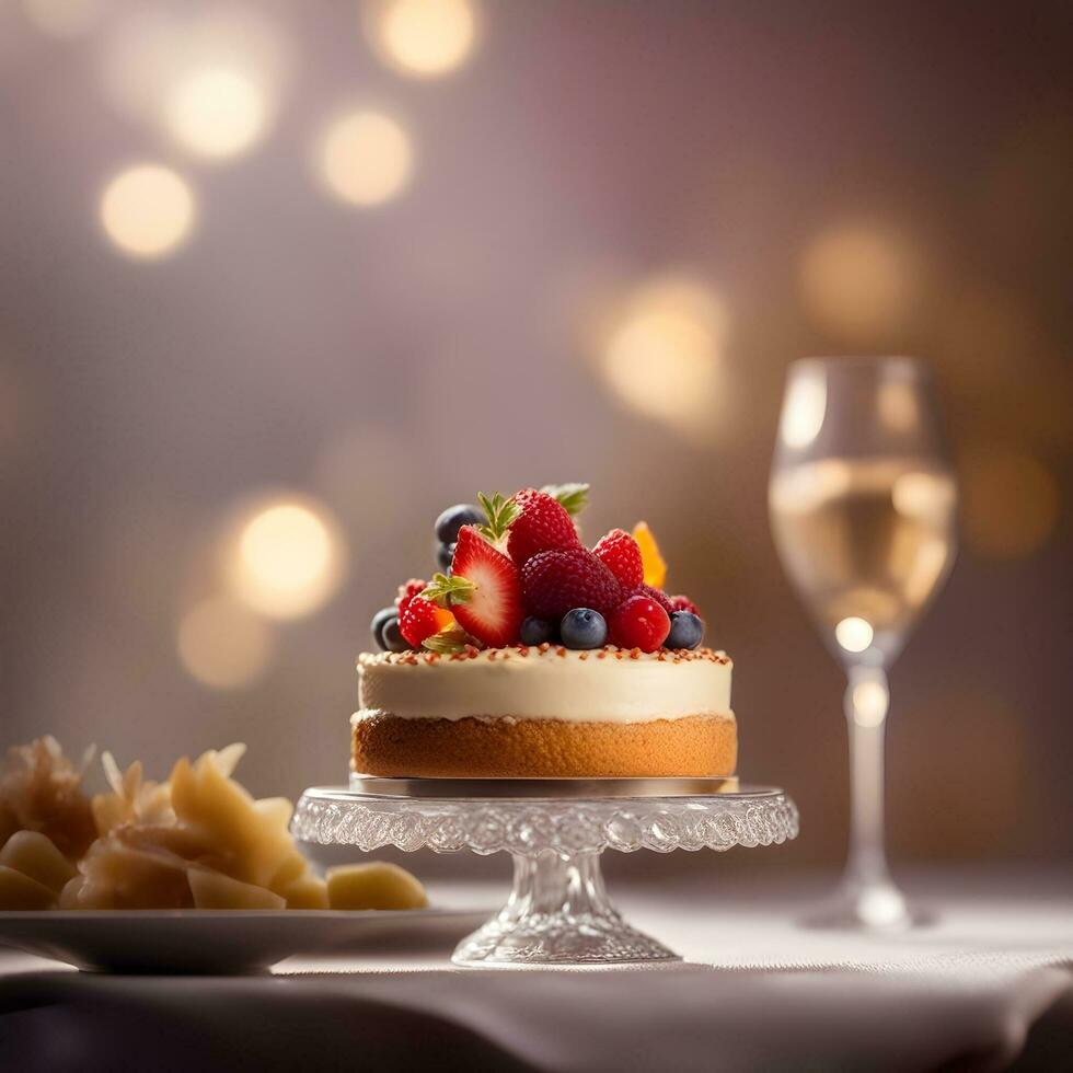 ai generiert ein Kuchen mit Beeren und ein Glas von Wein foto