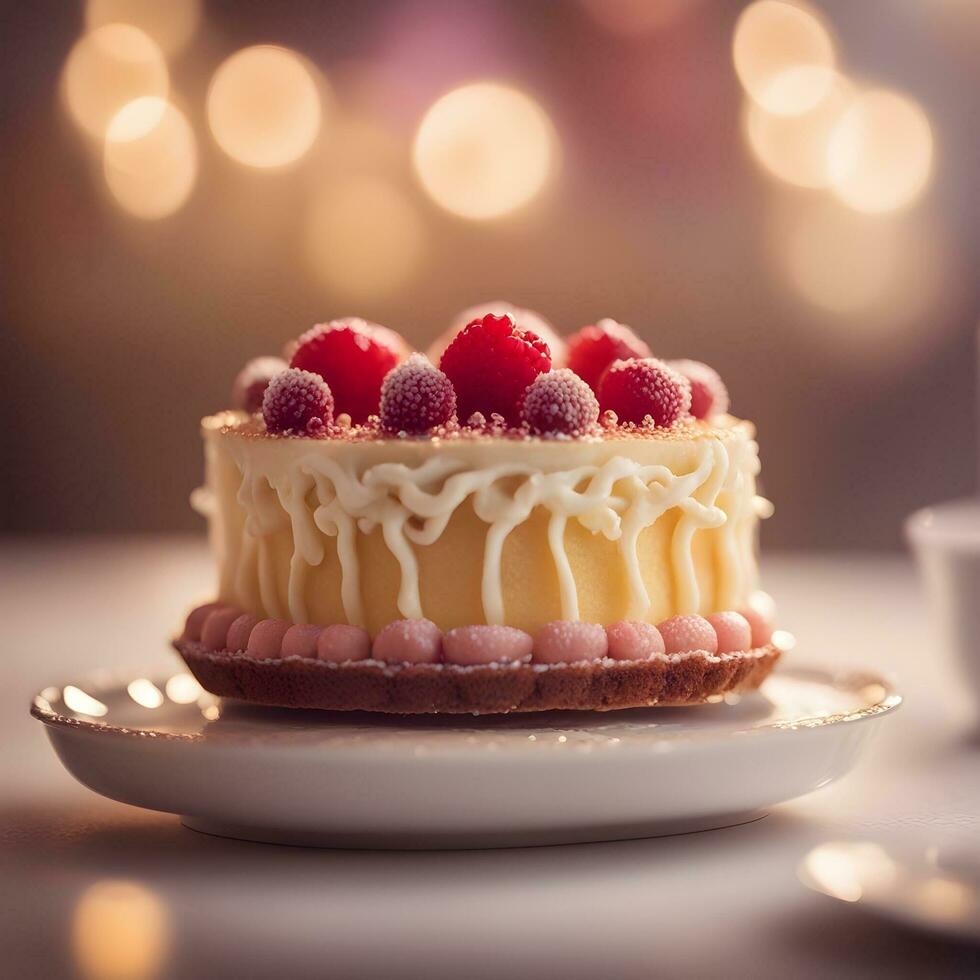 ai generiert ein Kuchen mit Weiß Glasur und Himbeeren auf es foto