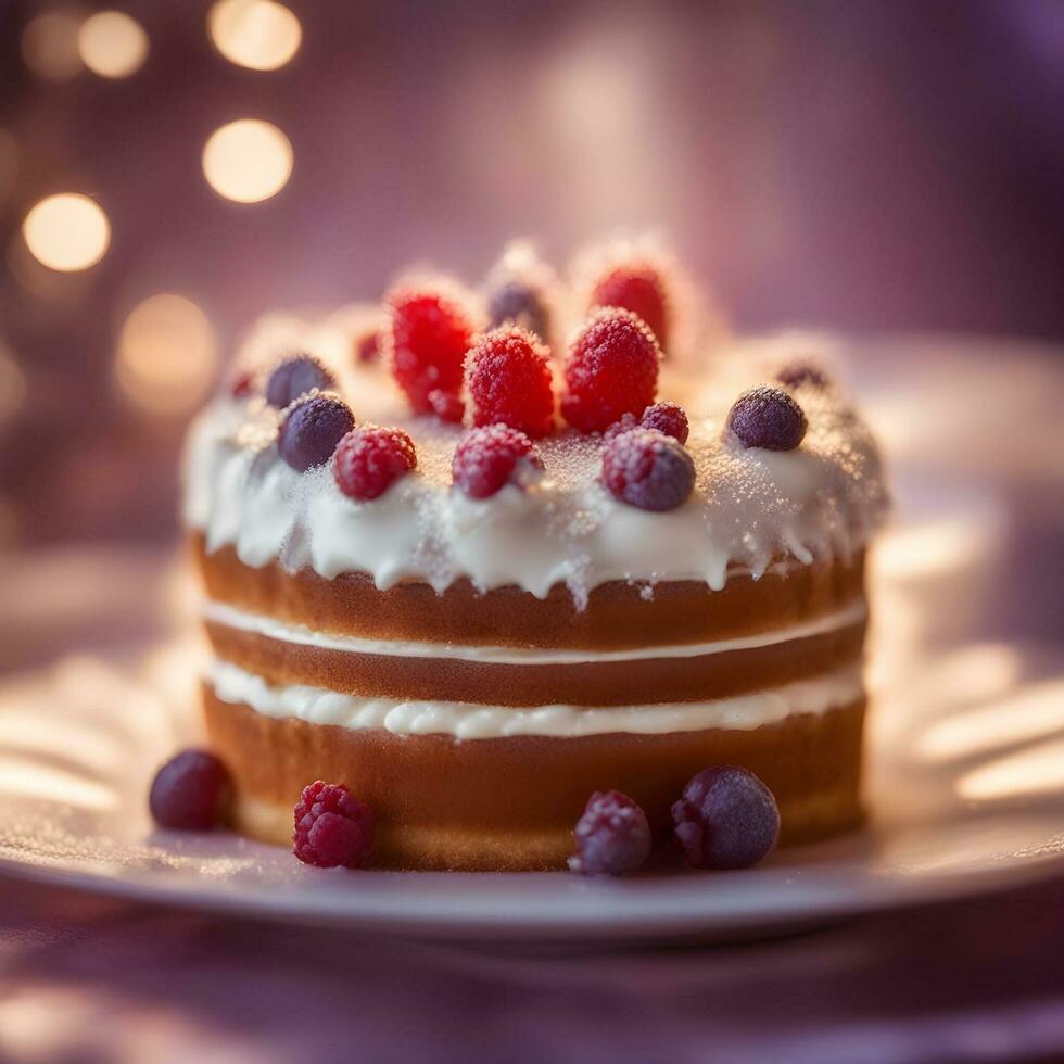 ai generiert ein Kuchen mit Beeren und Sahne auf ein Teller foto