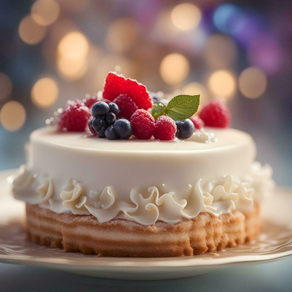 ai generiert ein Kuchen mit Beeren und Sahne auf ein Teller foto