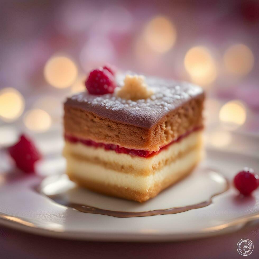 ai generiert ein Stück von Kuchen auf ein Teller mit Himbeeren foto