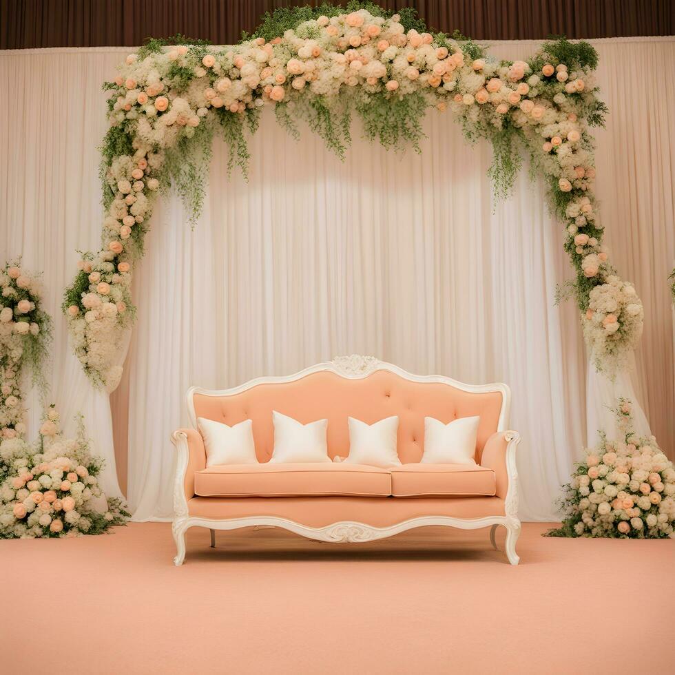 ai generiert ein Hochzeit Bühne mit ein Couch und Blumen foto