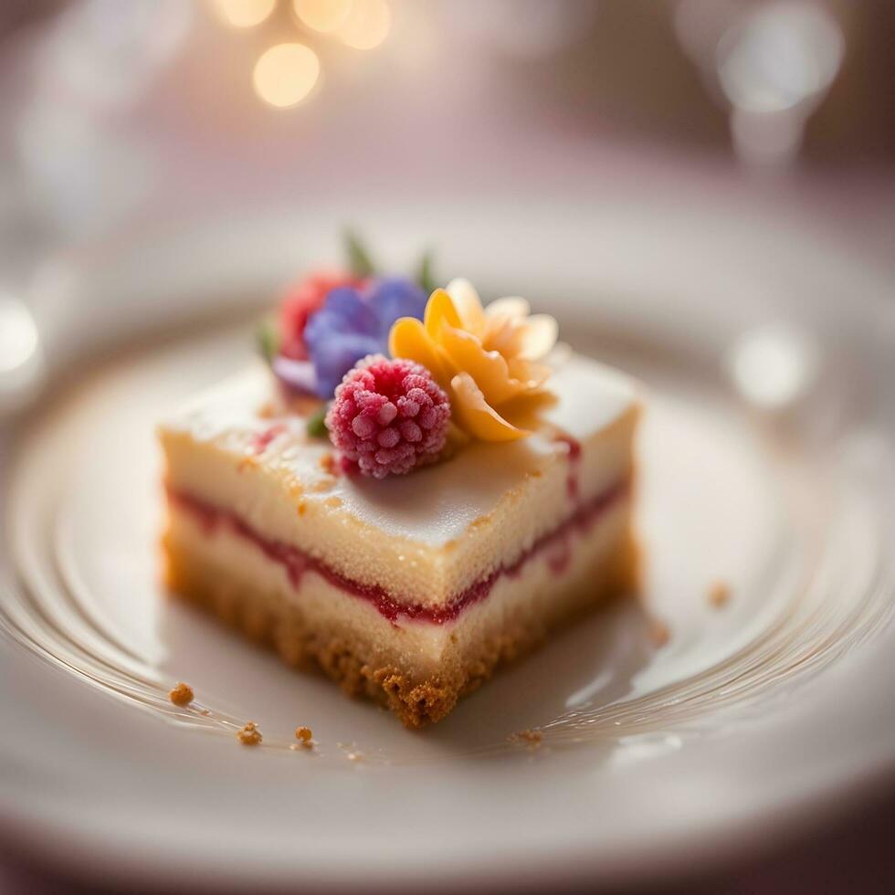 ai generiert ein Stück von Kuchen mit Himbeeren und Sahne auf es foto