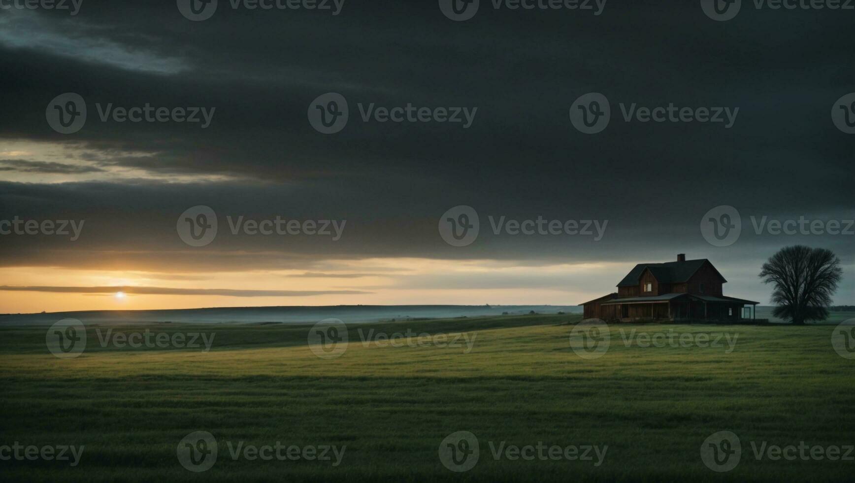 ai generiert ein Bauernhaus im das Mitte von ein Feld beim Sonnenuntergang foto