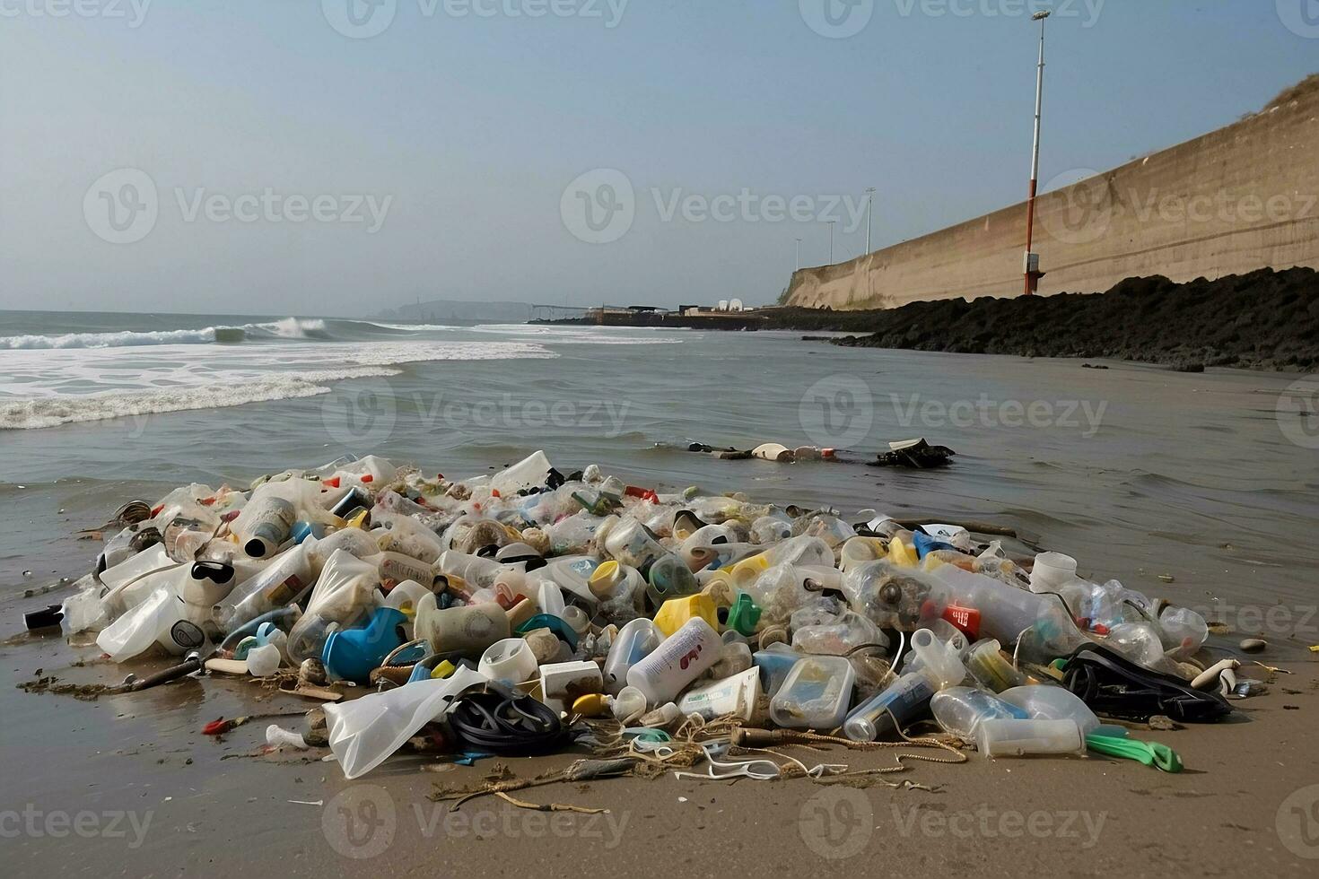 ai generiert Plastik Taschen und andere Müll auf das Strand foto