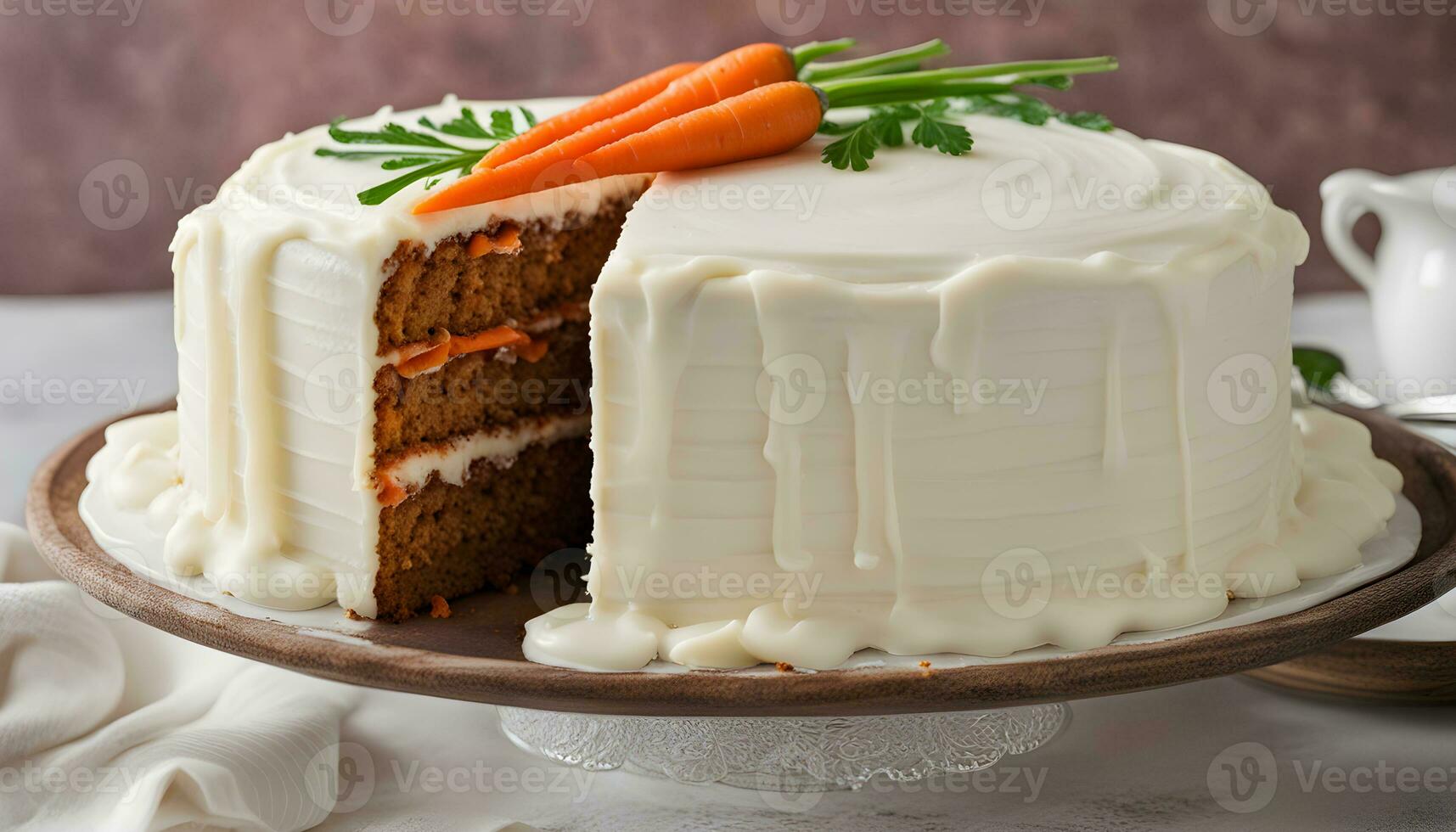 ai generiert ein Karotte Kuchen mit Glasur und ein Karotte Schnitt im Hälfte foto