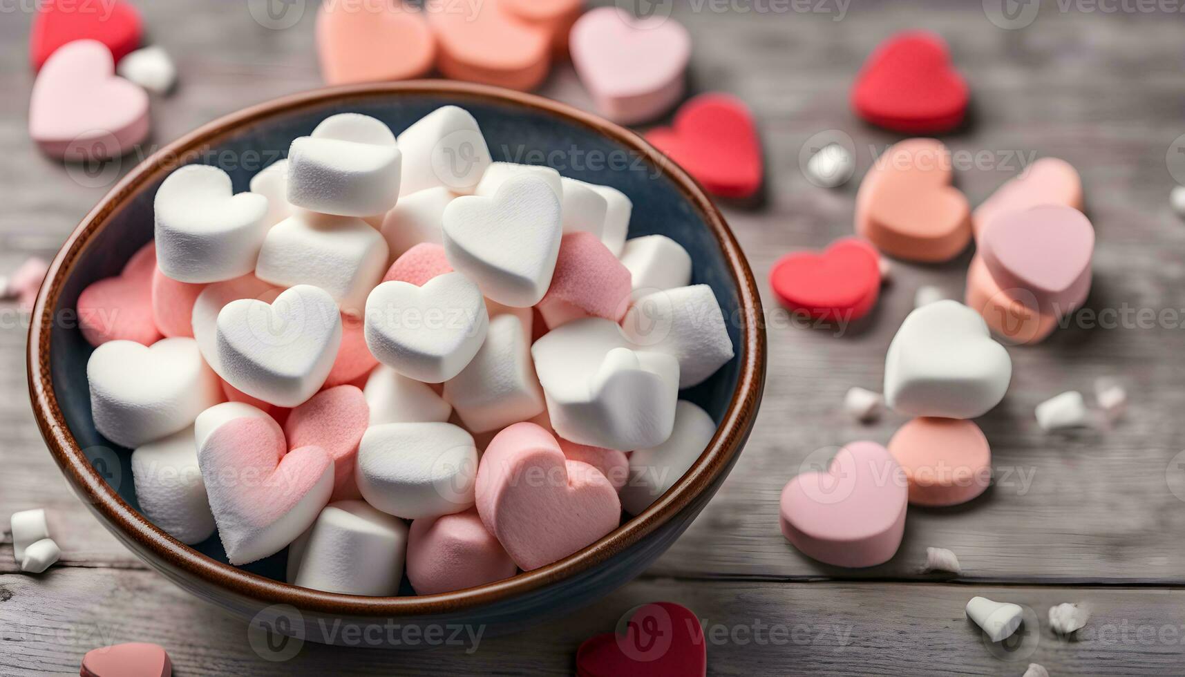 ai generiert ein Schüssel von Marshmallows auf ein hölzern Tabelle foto