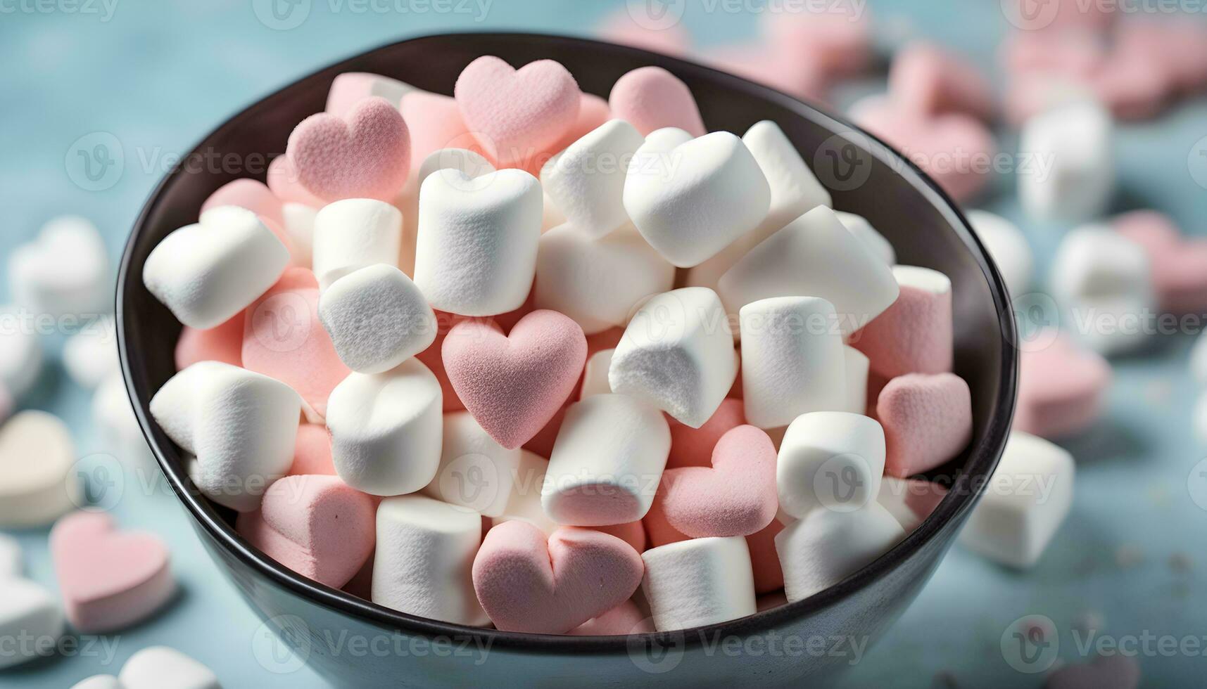 ai generiert ein Schüssel gefüllt mit Marshmallows und Herzen foto