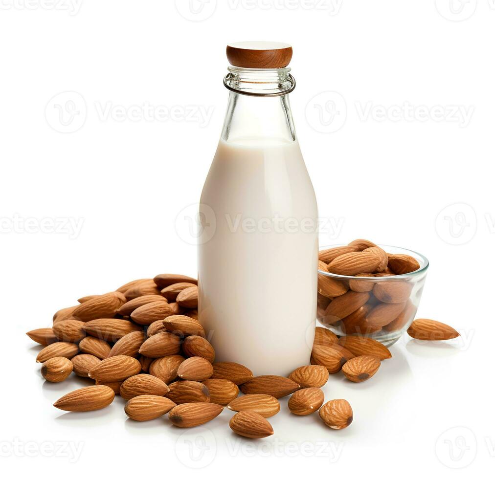 Flasche von Mandel Milch und ein Mandel Nuss foto