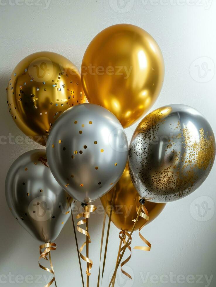 ai generiert ai Generation. Weiss, Schwarz, Gold und Silber Luftballons und Konfetti auf Weiß Hintergrund foto