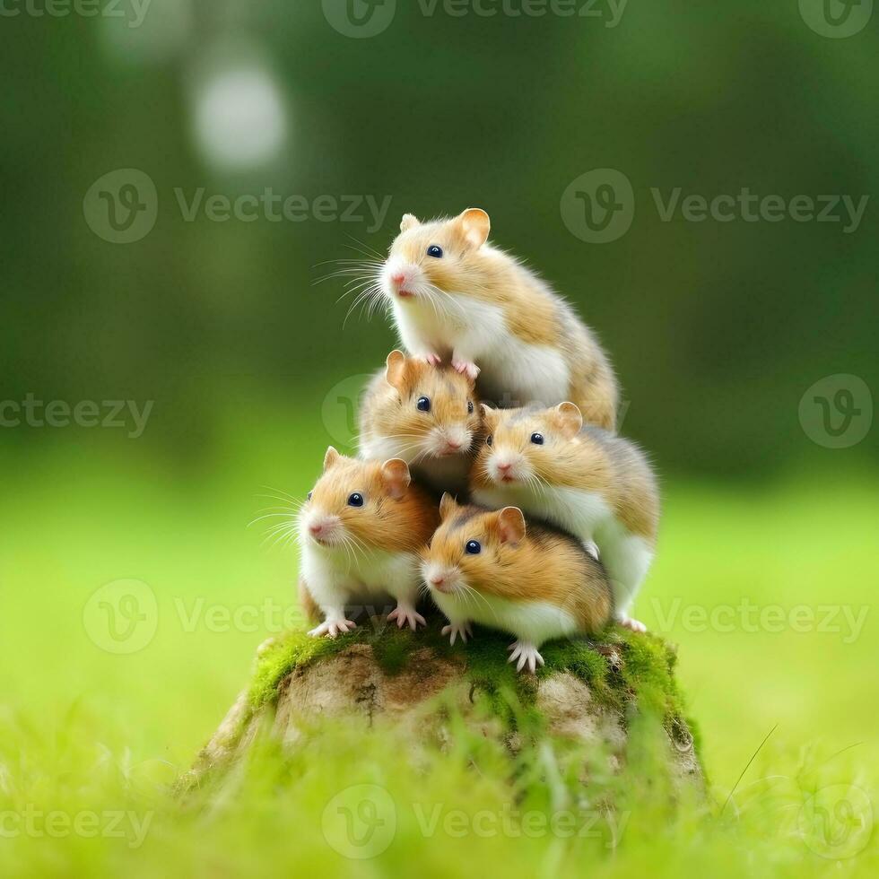 ai generiert süß Hamster ist Sitzung auf ein Kieselstein gegen foto